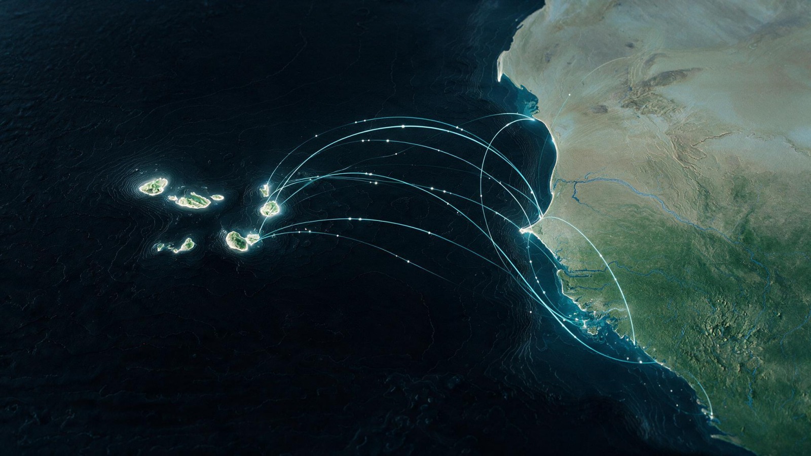 Rutas luminosas entre un archipiélago atlántico y la costa de África Occidental
