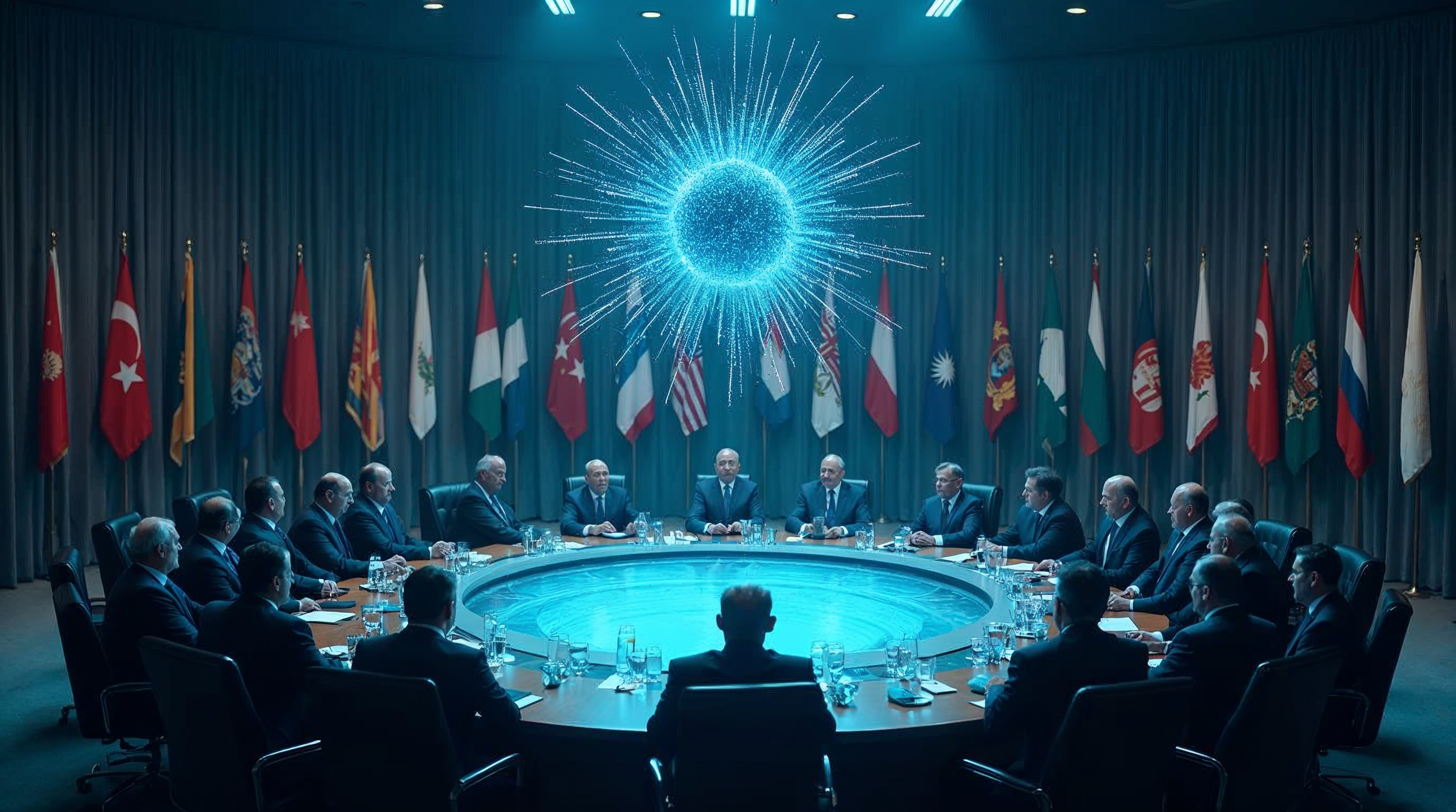 Ilustración de una cumbre internacional con líderes alrededor de una mesa y un núcleo de inteligencia artificial brillando en el centro.